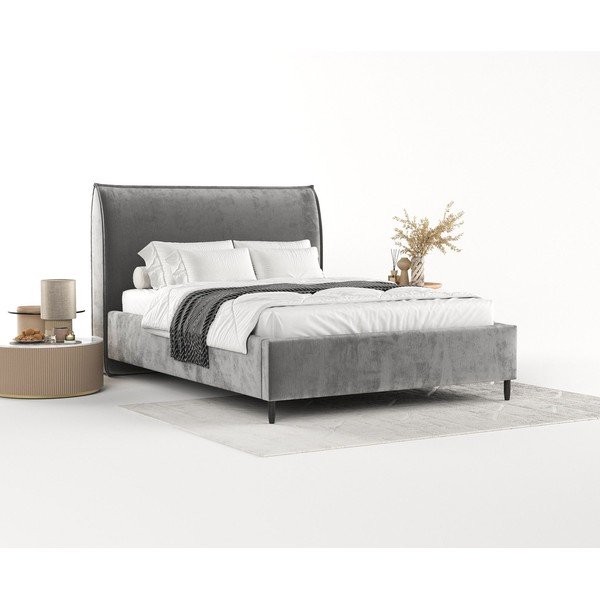 Szürke kárpitozott ágyneműtartós franciaágy ágyráccsal 180x200 cm Shell – Maison de Rêve-image-1