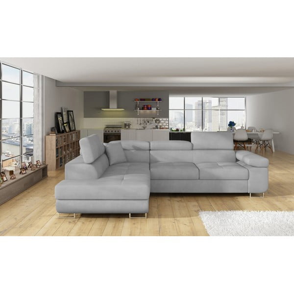 Világosszürke bársony kinyitható-tárolóhelyes sarokkanapé (bal oldali-L alakú) Anton – ELTAP-image-1