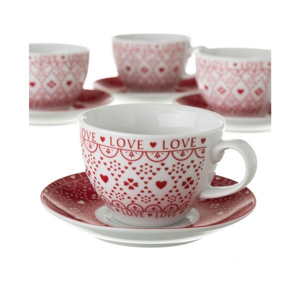4 db piros-fehér porcelán csésze és alátét szett, fém állványon - Unimasa-image-3