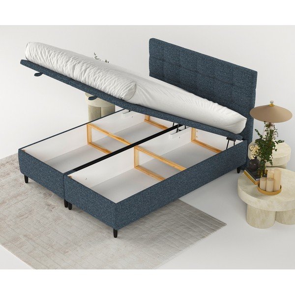 Sötétkék kárpitozott ágyneműtartós franciaágy 180x200 cm Senses – Maison de Rêve-image-2