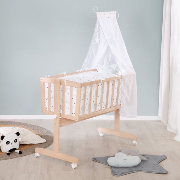 Natúr színű bükkfa gurulós-baldachinos bölcső 40x90 cm – Roba-image-4