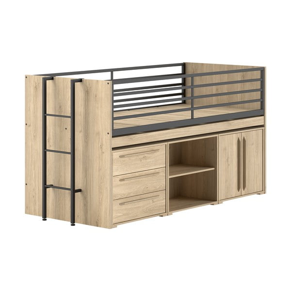 Natúr színű ágyneműtartós galéria gyerekágy íróasztallal, ágyráccsal 90x200 cm Sam – Vipack