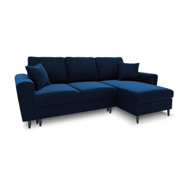 Kék bársony kinyitható tárolóhelyes sarokkanapé Kyoto – Cosmopolitan Design