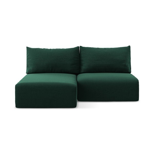 Sötétzöld bársony kinyitható-tárolóhelyes sarokkanapé (bal oldali-heverő résszel) Kalena – Makamii
