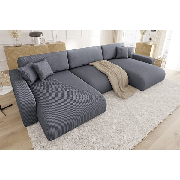 Sötétszürke kordbársony kinyitható tárolóhelyes sarokkanapé Sara – Ropez-image-3