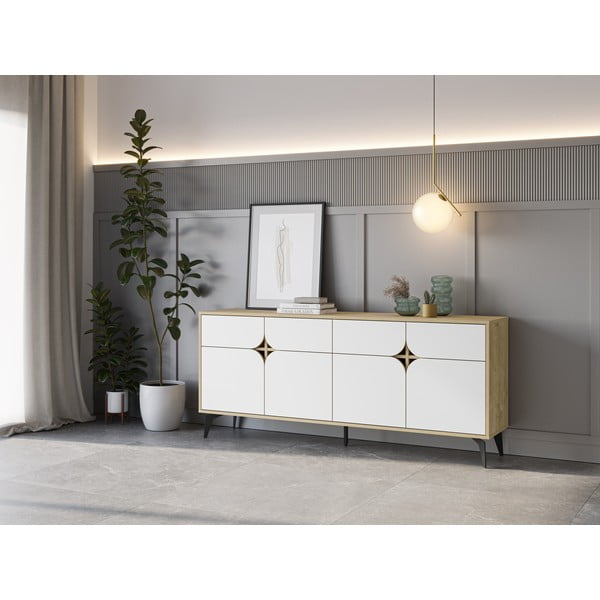 Fehér-natúr színű alacsony komód tölgyfa dekorral 185x79 cm Nola – Marckeric-image-1