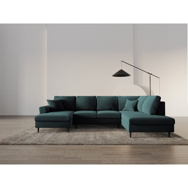Petróleum színű bársony kinyitható tárolóhelyes sarokkanapé (jobb oldali-U alakú) Kyoto – Cosmopolitan Design-image-2