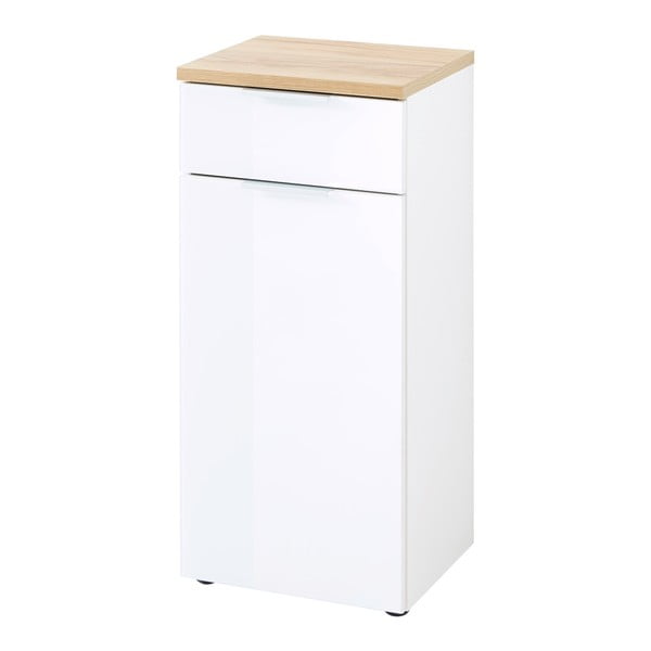 Fehér-natúr színű alacsony fürdőszoba szekrény tölgyfa dekorral 39x86 cm Pescara – Germania-image-4