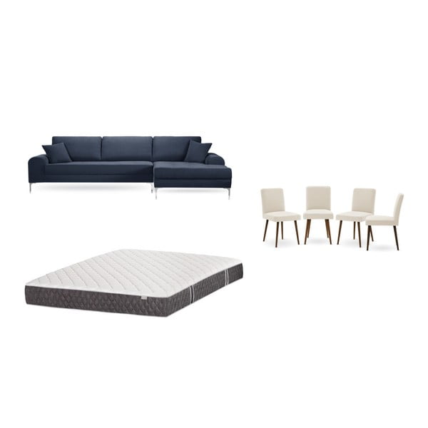 Sötétkék jobboldali sarokkanapé, 4 db krémszínű szék, matrac (160 x 200 cm) szett - Home Essentials