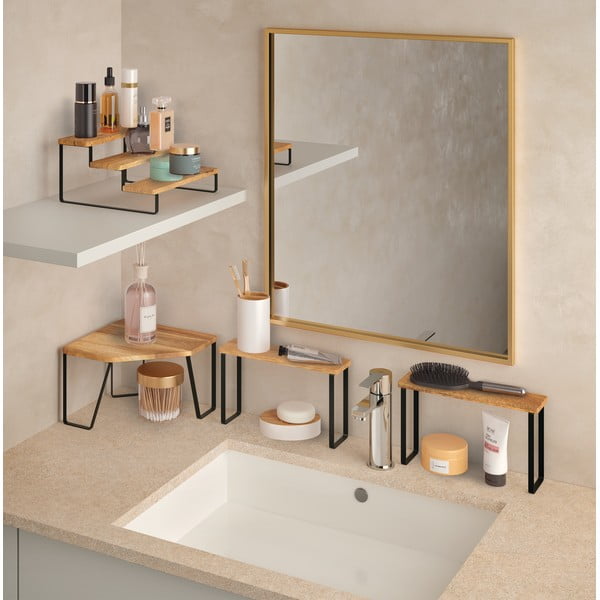 Matt fekete-natúr színű fa kiegészítő sarokpolc 25x25 cm York – Metaltex-image-2