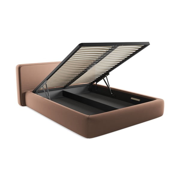 Világos rózsaszín kárpitozott ágyneműtartós franciaágy ágyráccsal 160x200 cm Kiana – Makamii-image-3