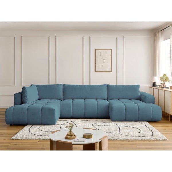 Kék kinyitható-tárolóhelyes sarokkanapé (bal oldali-U alakú) Fuji – Bobochic Paris-image-1