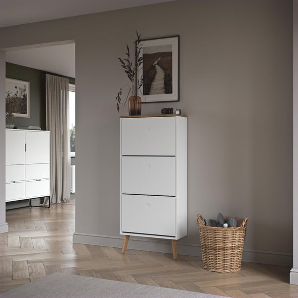 Dot fehér cipősszekrény tölgyfa dekorral, 3 billenős fiókkal - Tenzo-image-1