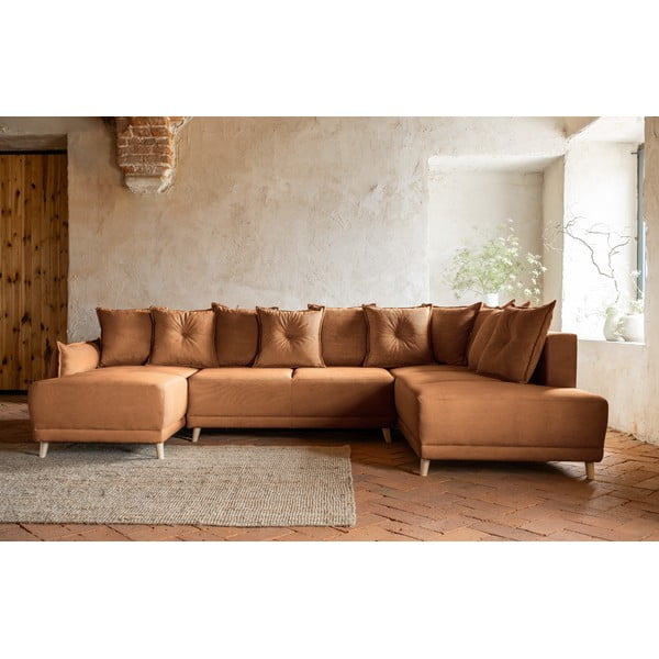 Téglavörös kordbársony kinyitható sarokkanapé (jobb oldali-U alakú) Lazy Lukka – Miuform-image-1