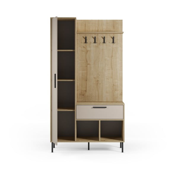 Krémszínű-natúr színű előszoba bútor tölgyfa dekorral 108x195x35 cm Heidy – Marckeric-image-4