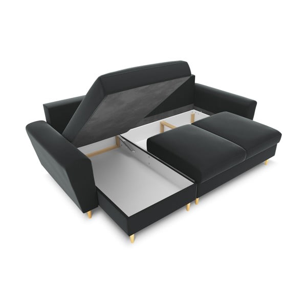 Sötétszürke bársony kinyitható tárolóhelyes sarokkanapé Kyoto – Cosmopolitan Design-image-2