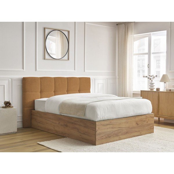 Okkersárga kárpitozott kárpitozott-forgácslemez ágyneműtartós franciaágy ágyráccsal 160x200 cm Kumo – Bobochic Paris-image-2