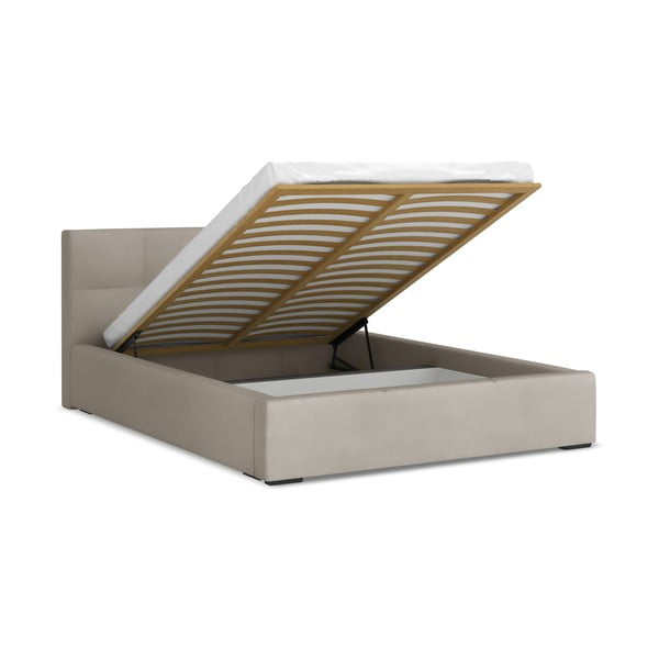 Szürkésbarna bársony kárpitozott ágyneműtartós franciaágy ágyráccsal 140x200 cm Hiko – Makamii-image-1