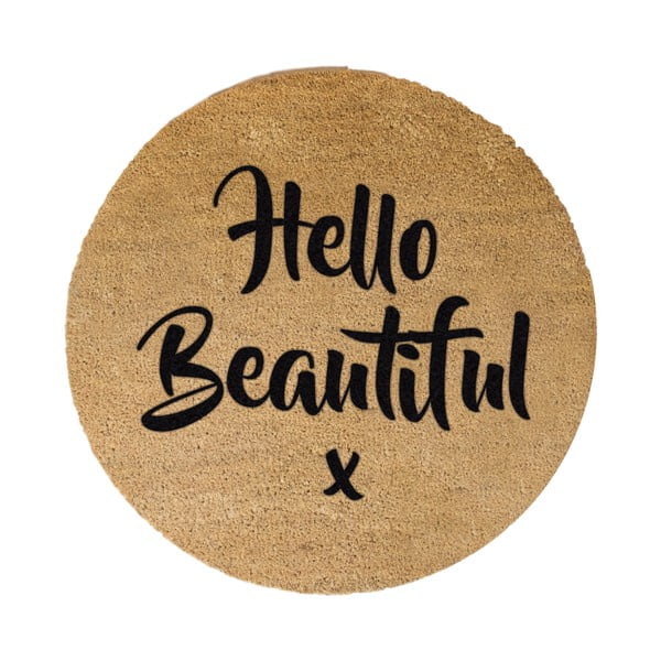 Hello Beautiful kerek, természetes kókuszrost lábtörlő, ⌀ 70 cm - Artsy Doormats