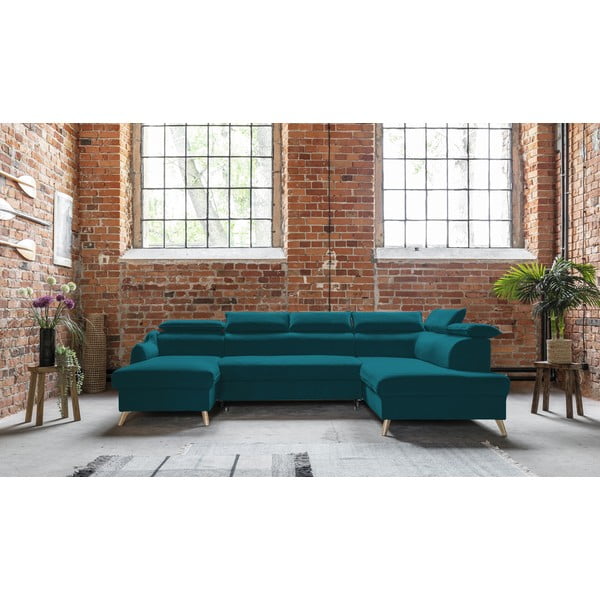 Türkiz bársony kinyitható sarokkanapé (jobb oldali-"U" alakú) Sweet Harmony – Miuform-image-1