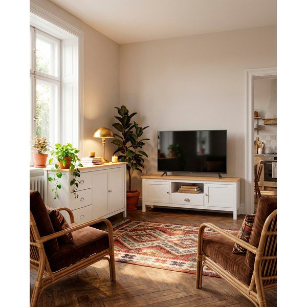 Fehér-natúr színű borovi fenyő TV-állvány 158x53 cm Misti – Marckeric-image-1