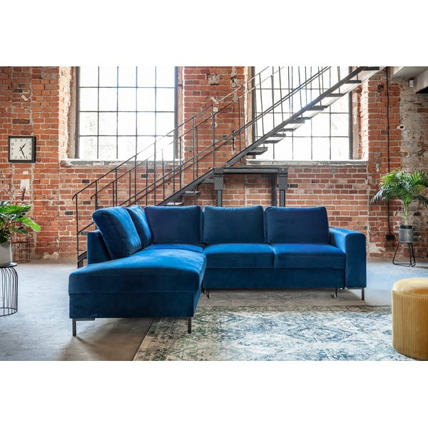Sötétkék bársony kinyitható sarokkanapé (bal oldali) Lofty Lilly – Miuform-image-1