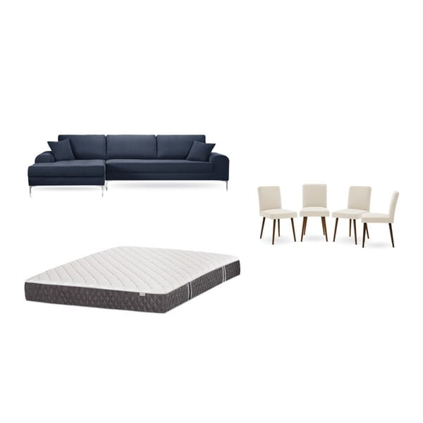 Sötétkék baloldali sarokkanapé, 4 db krémszínű szék, matrac (160 x 200 cm) szett - Home Essentials