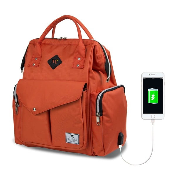 HAPPY MOM Baby Care Backpack narancssárga hátizsák anyukáknak USB csatlakozóval - My Valice