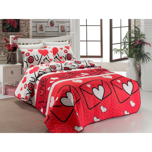 Lovestory Red kétszemélyes könnyű ágytakaró párnahuzattal, 200 x 220 cm