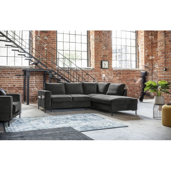 Sötétszürke bársony kinyitható sarokkanapé (jobb oldali) Lofty Lilly – Miuform-image-4