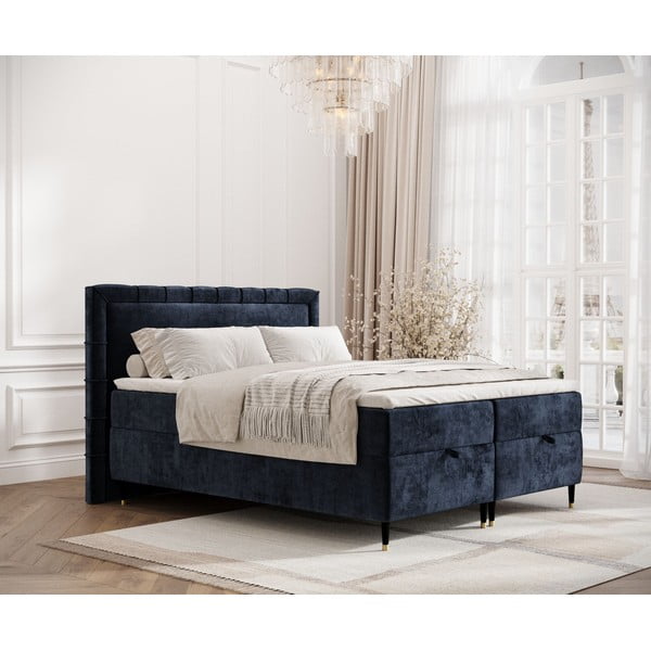 Sötétkék ágyneműtartós boxspring ágy 180x200 cm Voyage – Maison de Rêve-image-1
