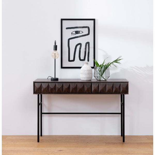 Sötétbarna konzolasztal tölgyfa dekoros asztallappal 39x117 cm Latina – Unique Furniture-image-1