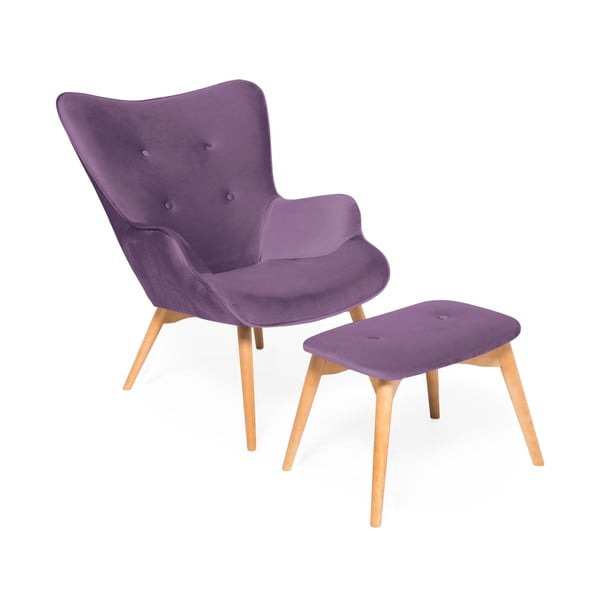 Cora Velvet lila fotel és lábtartó, természetes lábszerkezet - Vivonita