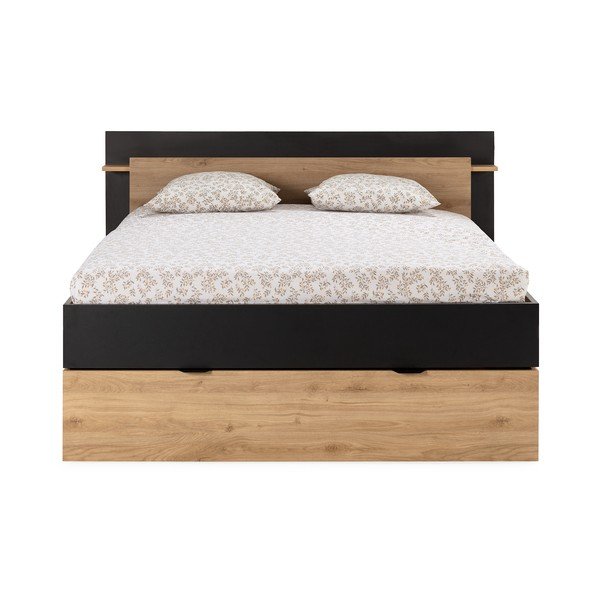 Fekete-natúr színű ágyneműtartós franciaágy ágyrács nélkül, tölgyfa dekorral 140x190 cm  Albo – Marckeric-image-4