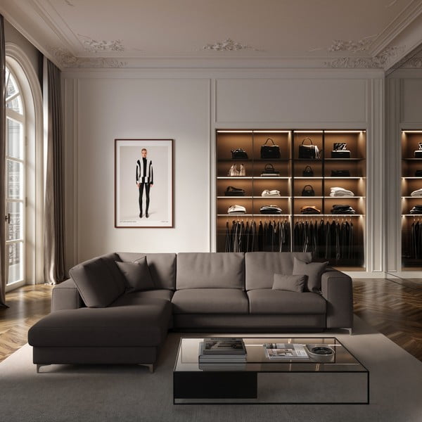 Szürkésbarna bársony kinyitható tárolóhelyes sarokkanapé (bal oldali-L alakú) Rene – Rodier-image-1