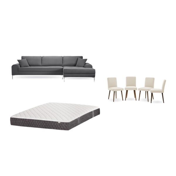 Szürke jobboldali sarokkanapé, 4 db krémszínű szék, matrac (160 x 200 cm) szett - Home Essentials