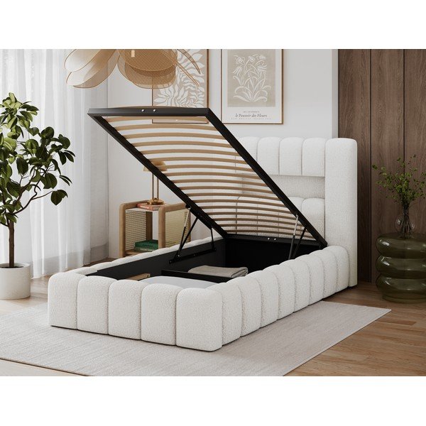 Krémszínű kárpitozott ágyneműtartós egyszemélyes ágy ágyráccsal 90x200 cm Lamica – ELTAP-image-4