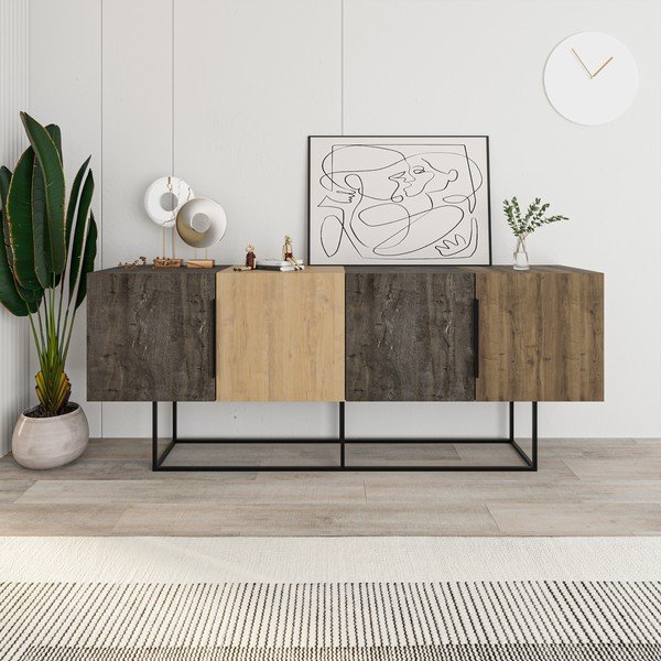 Barna-natúr színű alacsony komód tölgyfa dekorral 200x80 cm Titan – Marckeric-image-4