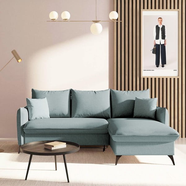 Világoskék kinyitható tárolóhelyes sarokkanapé (jobb oldali-heverő résszel) Brim – Rodier-image-1