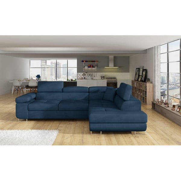Kék bársony kinyitható-tárolóhelyes sarokkanapé (jobb oldali-L alakú) Anton – ELTAP-image-1