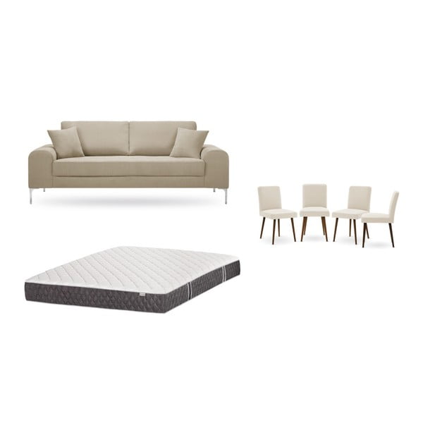 Szürkésbézs, háromszemélyes kanapé, 4 db krémszínű szék, matrac (160 x 200 cm) szett - Home Essentials