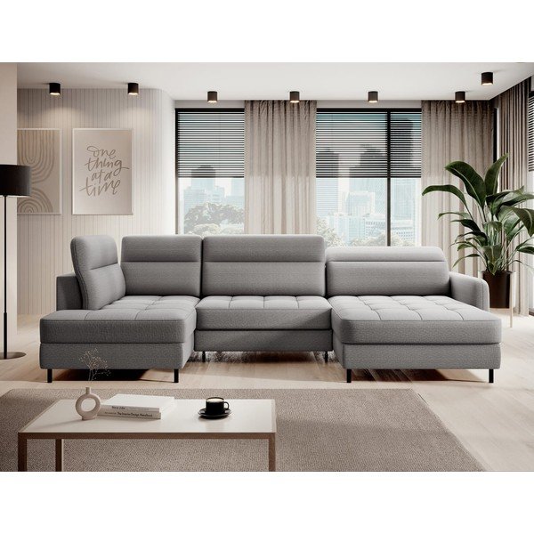 Világosszürke bársony kinyitható-tárolóhelyes sarokkanapé (bal oldali-U alakú) Berrto – ELTAP-image-1