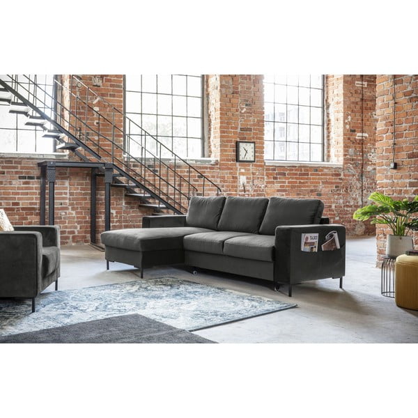 Lofty Lilly sötétszürke kinyitható bársony sarokkanapé, bal oldali - Miuform-image-3