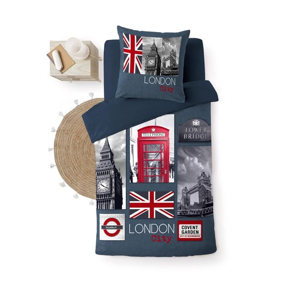 Sötétkék egyszemélyes pamut ágyneműhuzat 140x200 cm City London – douceur d'intérieur