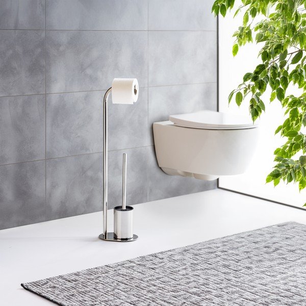 Fényes ezüstszínű rozsdamentes acél WC-papír tartó állvány WC-kefével Levante – Wenko-image-1