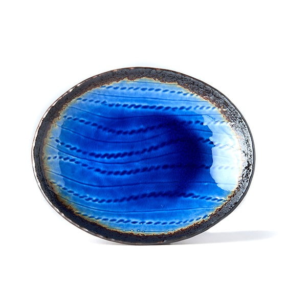 Cobalt kék ovális kerámia tányér, 24 x 20 cm - MIJ