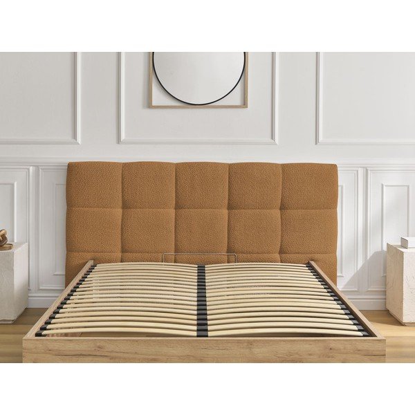 Okkersárga kárpitozott kárpitozott-forgácslemez ágyneműtartós franciaágy ágyráccsal 180x200 cm Kumo – Bobochic Paris-image-4