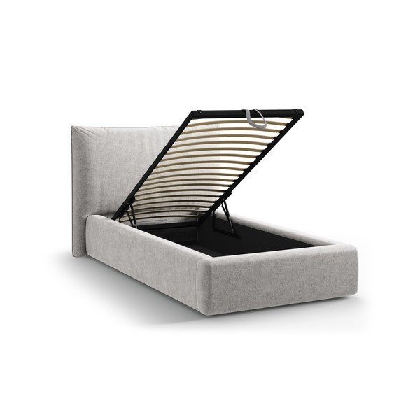 Világosszürke kárpitozott ágyneműtartós egyszemélyes ágy ágyráccsal 90x200 cm Kaelle – Micadoni -image-1