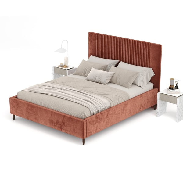 Téglavörös kárpitozott ágyneműtartós franciaágy ágyráccsal 160x200 cm Etero – Maison de Rêve-image-4