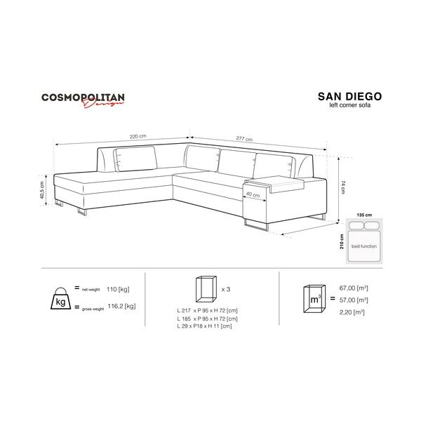 San Diego szürke kinyitható kanapé, bal oldali - Cosmopolitan Design-image-2